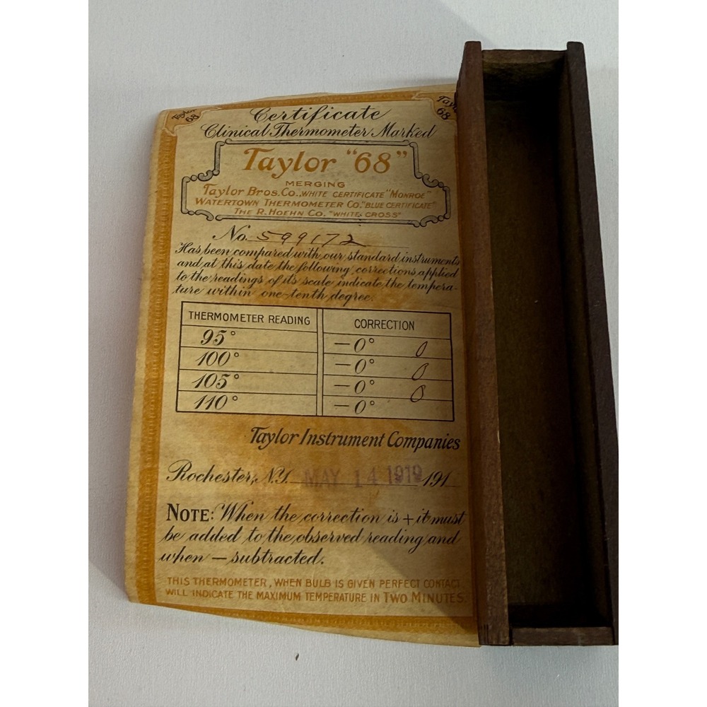 Antique 1919 Taylor 68 Clinical Thermometer Certificate and Wooden Box Rochester